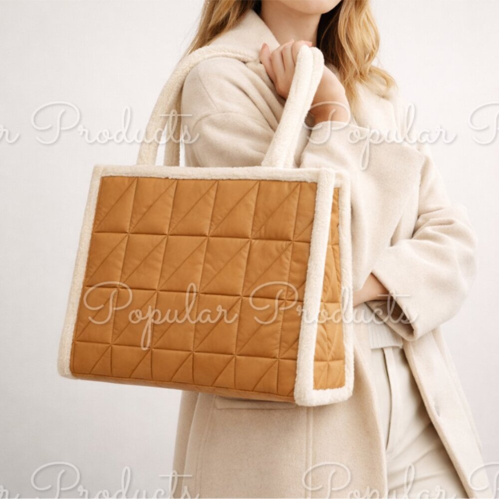 Modern Quilted Sherpa Trim Tote Bag, Tan